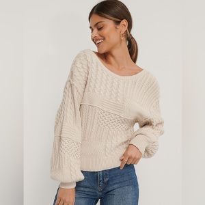 NA-KD Reborn Organic Cable Knitted Deep Back Sweater in Beige Sz L